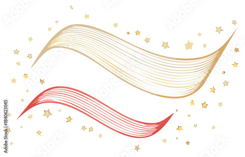 Celebratory illustration featuring red and gold abstract bands floating amid golden stars, evoking a sense of festive joy