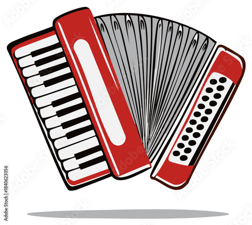 Classic red piano accordion musical instrument vector illustration for folk music