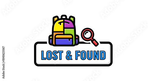 Colorful Backpack and Magnifying Glass Emblem: Concept for Searching and Recovering Lost Items
