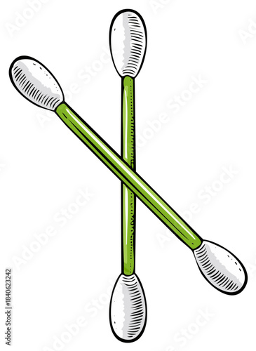 Two green cotton swabs with white tips crossed over a white background