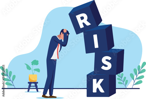 Business risk and danger - Scared and afraid businessman in despair, holding hands on head over collapsing company economy and recession. Flat design vector illustration with white background.