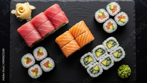 Assortment of sushi rolls on a black slate overhead shot of a japanese meal