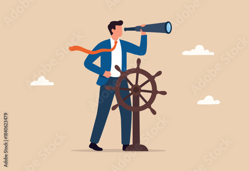 Business leadership and visionary to lead company success, career direction or work achievement concept, smart businessman boat captain control steering wheel helm with telescope vision