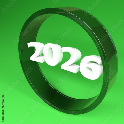 2026 written inside a turning glass circle, on green background