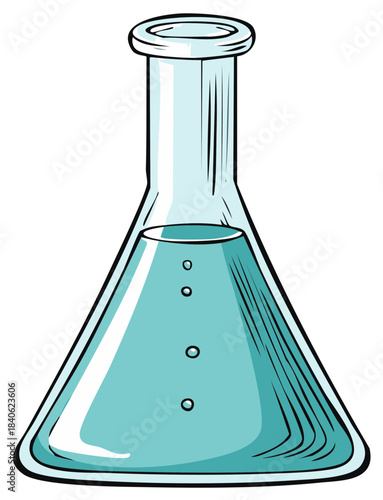 Cartoon illustration of a conical flask with teal liquid inside