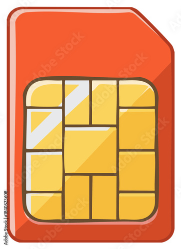 Red mobile phone SIM card with microchip cartoon vector illustration
