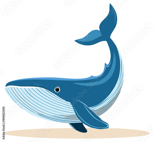 Illustration of big majestic blue whale with its tail curved upward on the beach