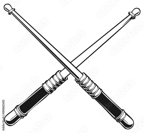 Monochrome illustration of crossed drumsticks musical instrument percussion equipment, music equipment, vector