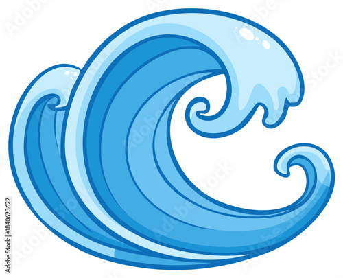 Vibrant stylized blue ocean wave illustration capturing dynamic water movement and power