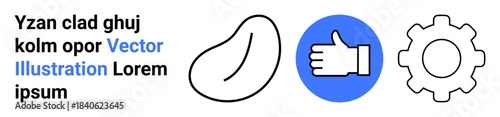 Business processes, user feedback, workflow, manufacturing, digital design, teamwork. Bean shape, thumbs up in a blue circle gear icon. Business processes and user feedback concept
