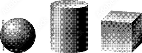 Geometric shapes set - sphere, cylinder and cube with pixel art dithering effect