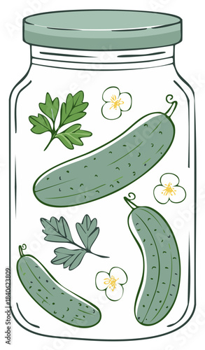 Pickled Cucumbers Jar Illustration Vegetables Parsley Flowers Canning Homemade Tasty Food