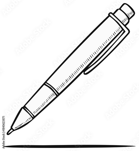 Drawn Pen Illustration with Cap, Tip and Shadow on Clear Background, Black and White