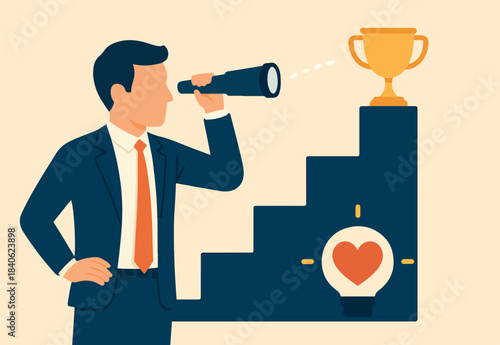 Business milestones or achievement to reach goal or success, progress development, vision to see target destination, step to success, businessman look on telescope to see success trophy milestone.