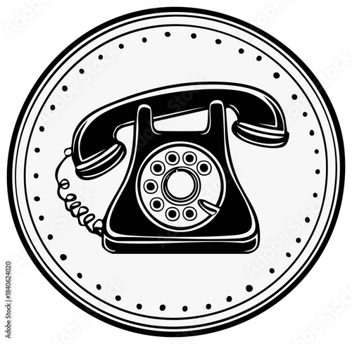 Retro style rotary telephone illustration with circular frame and dotted border design