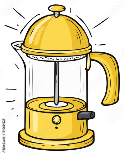 Yellow electric beverage kettle illustration with visible glass water container