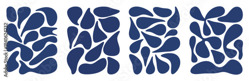 Abstract teardrop shapes progression in dark blue on white background pattern