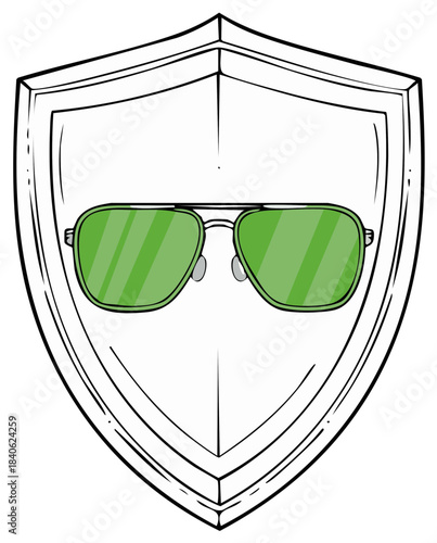 Cartoon illustration of green aviator sunglasses on a protective shield icon