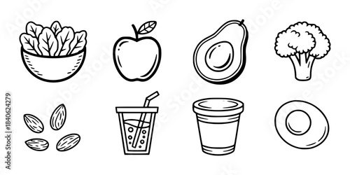Black and white line of healthy foods and containers apple avocado