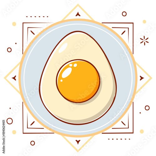 Stylized Fried Egg on Plate with Geometric Ornamentation for Food Design