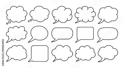 Eleven black and white empty comic style speech bubbles in various shapes outlines