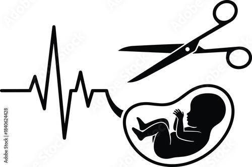 Fetus and Heartbeat with Scissors Vector, Termination of Pregnancy Concept, Abortion Symbolism, Life and Death Medical Graphic, Moral Dilemma Illustration
