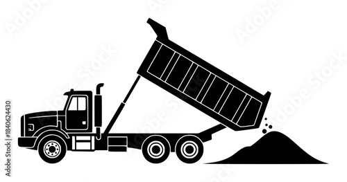 Black and White Silhouette Dump Truck Unloading Dirt Pile