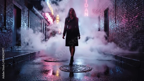 Mysterious Woman Walking in Smoky Urban Alleyway at Night.