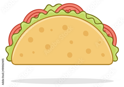 Delicious taco flat illustration with lettuce and tomatoes on tortilla