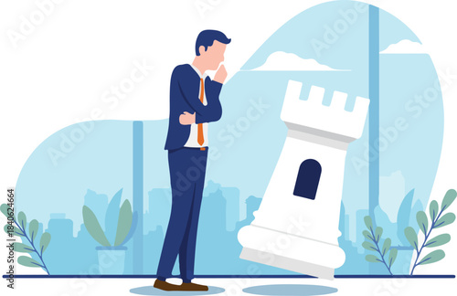 Business strategy planning - Businessman contemplating in front of chess piece with blue and white background. Strategic person concept.