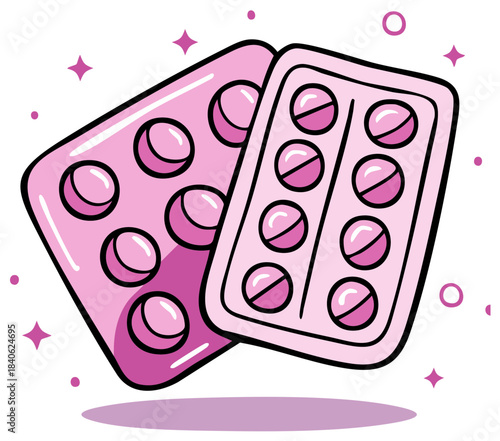 Two pink blister packs containing circular pills with a stylized cartoon illustration and sparkling accents