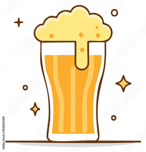 Sparkling glass of beer with overflowing foam cartoon vector icon