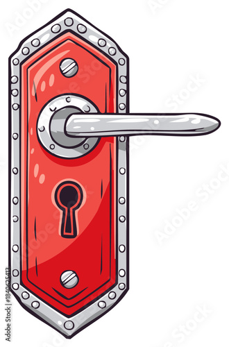 Decorative red door handle plate with keyhole and silver lever illustration