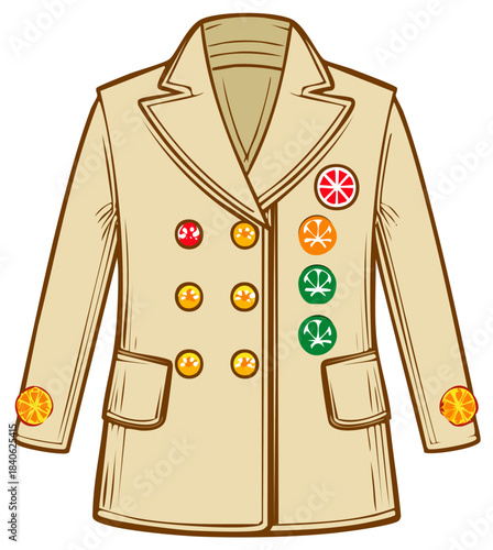 Customized beige trench coat with a variety of colorful symbolic flair pins and badges