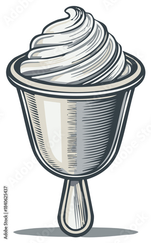 Stylized illustration of a soft serve ice cream cone in a metallic chalice
