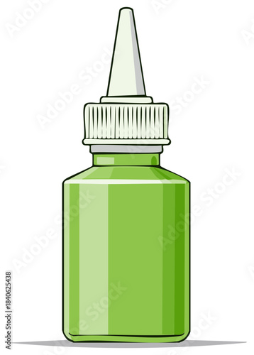 Medical green nasal spray bottle with plastic dropper nozzle. Vector illustration for allergy and cold treatment.