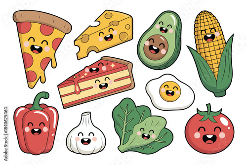 Cute smiling cartoon food items, vegetables, and snacks set