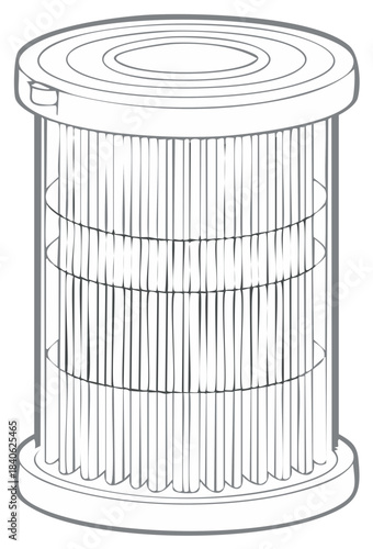 Cylindrical filter element outline. Round industrial filtration component.  Filter cartridge line art.
