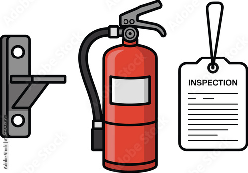 Fire extinguisher with inspection checklist and wall mount, safety equipment illustration, emergency fire protection icon for workplace and building safety