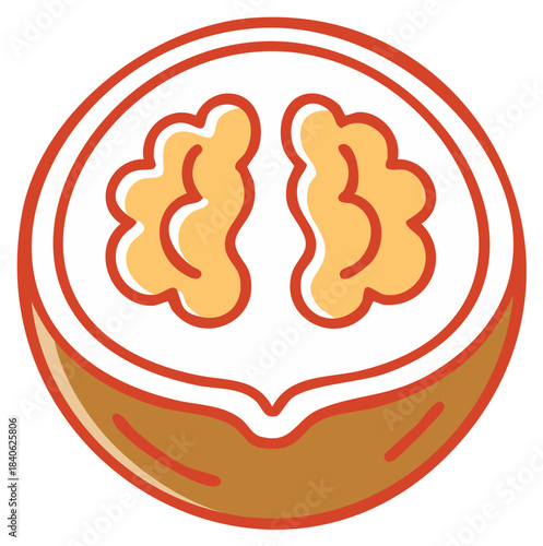 Stylized Illustration of a Halved Walnut with its Kernel Visible and Outline