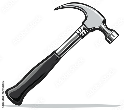 Illustration of a gleaming claw hammer with a black handle, angled on a white background.