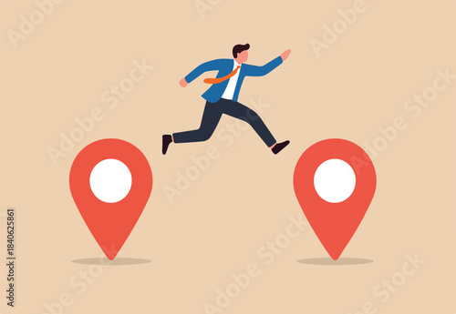 Business relocation, move office to new address or transfer to new location concept, businessman company owner jumping from map navigation pin to new one metaphor of relocation.