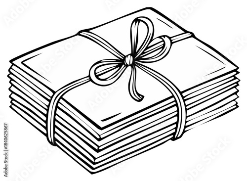 Stack of Papers Tied with a Ribbon and Bow, Hand-drawn Outline Style