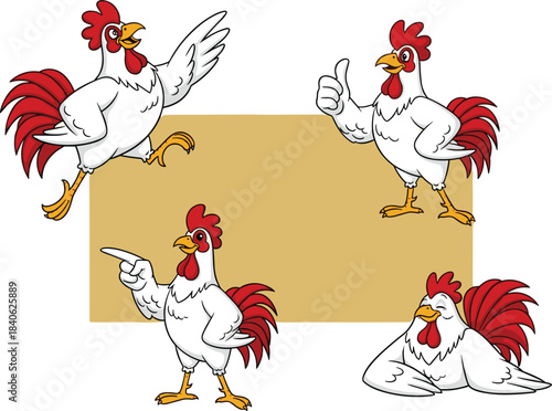 Cartoon roosters in playful poses, jumping, pointing, thumbs up, sitting relaxed, expressive farm birds, flat vector illustration