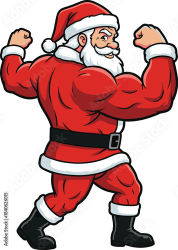 Muscular cartoon Santa Claus flexing arms, humorous strong character for Christmas, festive cheer, holiday fun - flat vector illustration