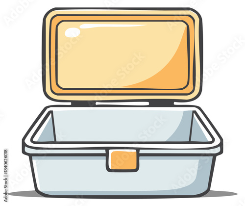 Cartoon illustration of an open plastic lunchbox with yellow lid and latch, providing a charming and functional design.