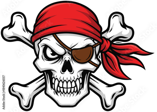 Pirate skull with bandana, eye patch, crossed bones, aggressive grin, Jolly Roger symbol, bold design, flat vector illustration