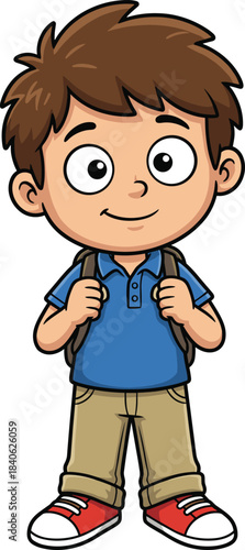 Smiling cartoon schoolboy with backpack, cheerful child character for education, kids media, learning, fun design - flat vector illustration