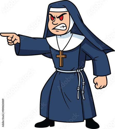 Angry cartoon nun pointing, red eyes, clenched fist, religious outfit, cross necklace, intense expression, flat vector illustration