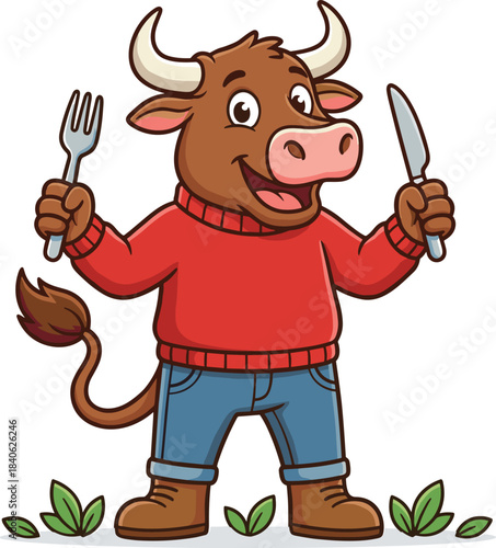 Cartoon bull character holding fork and knife, cheerful anthropomorphic animal ready to eat - flat vector illustration